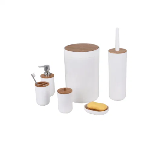 Conjunto de acessórios de banheiro de plástico para hotel moderno branco com bambu